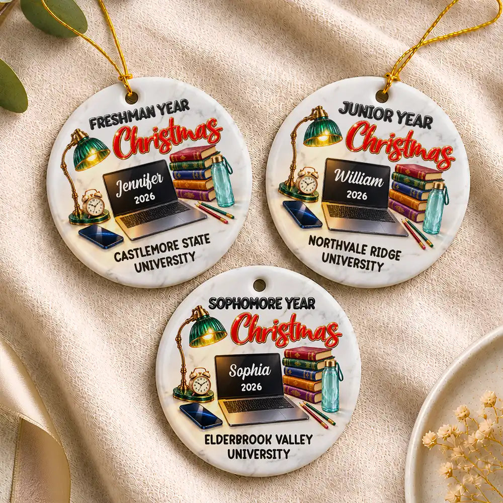 Christmas,Custom Text,Happy,Top Market - Christmas Keepsake Gift For College Student - Personalized Freshman Sophomore Year Circle Ceramic Ornament