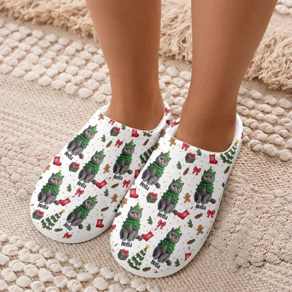 Art Design,Christmas,Custom Photo,Gift For Mother,Gifts For Her,Happy,Pet Lovers,Pet Mom,Photo - Christmas Accessories 3D Cartoon Pet - Christmas Gift For Pet Mom - Personalized Custom Photo Pet Name Festive Pattern Fluffy Slippers