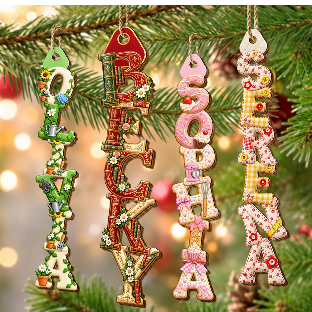 Christmas Gift For Mom Grandma Wife - Personalized Custom Name In Reading Gardening Baking Letters Wooden Ornament