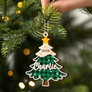 Christmas,Custom Text,Family,Sentimental - Christmas Gift For Family Kids - Personalized Name Christmas Tree With Plaid 2-Layered Wooden Ornament