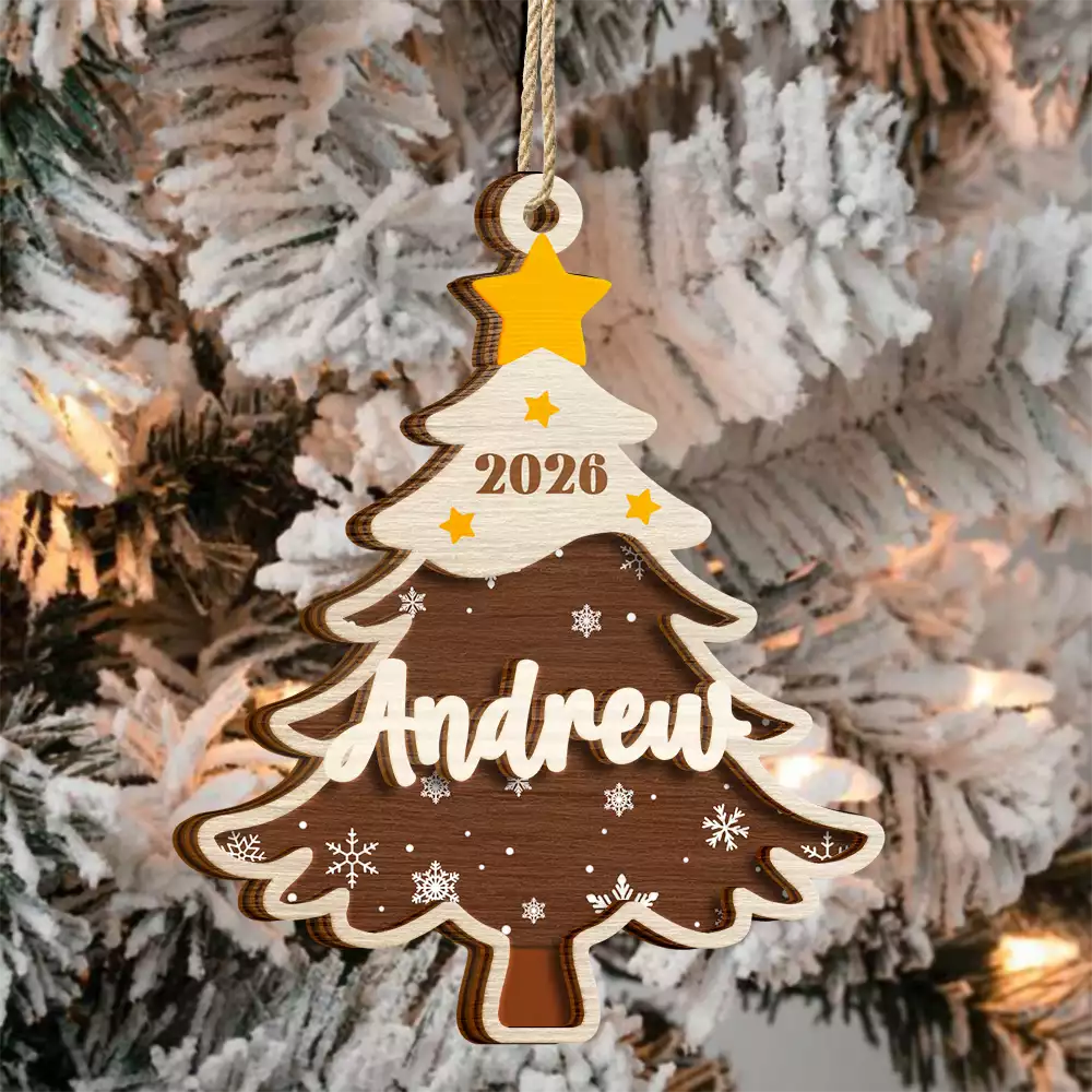Christmas,Custom Text,Family,Sentimental - Christmas Gift For Family Kids - Personalized Name Christmas Tree With Plaid 2-Layered Wooden Ornament