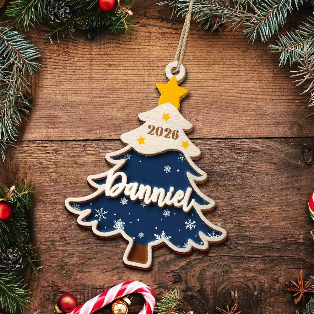 Christmas,Custom Text,Family,Sentimental - Christmas Gift For Family Kids - Personalized Name Christmas Tree With Plaid 2-Layered Wooden Ornament