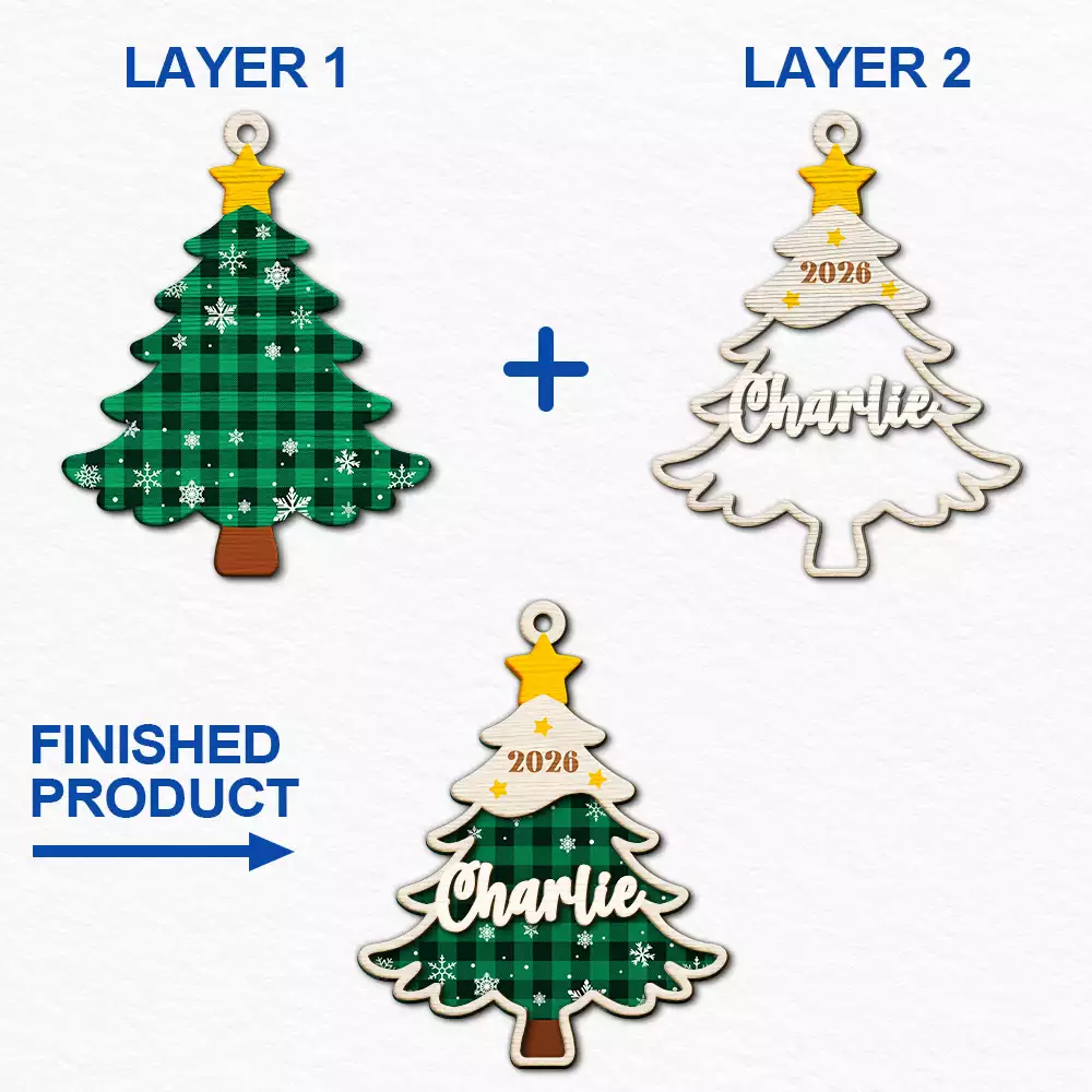 Christmas,Custom Text,Family,Sentimental - Christmas Gift For Family Kids - Personalized Name Christmas Tree With Plaid 2-Layered Wooden Ornament