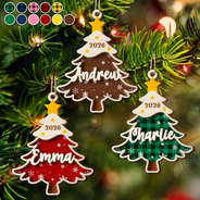 Christmas,Custom Text,Family,Sentimental - Christmas Gift For Family Kids - Personalized Name Christmas Tree With Plaid 2-Layered Wooden Ornament