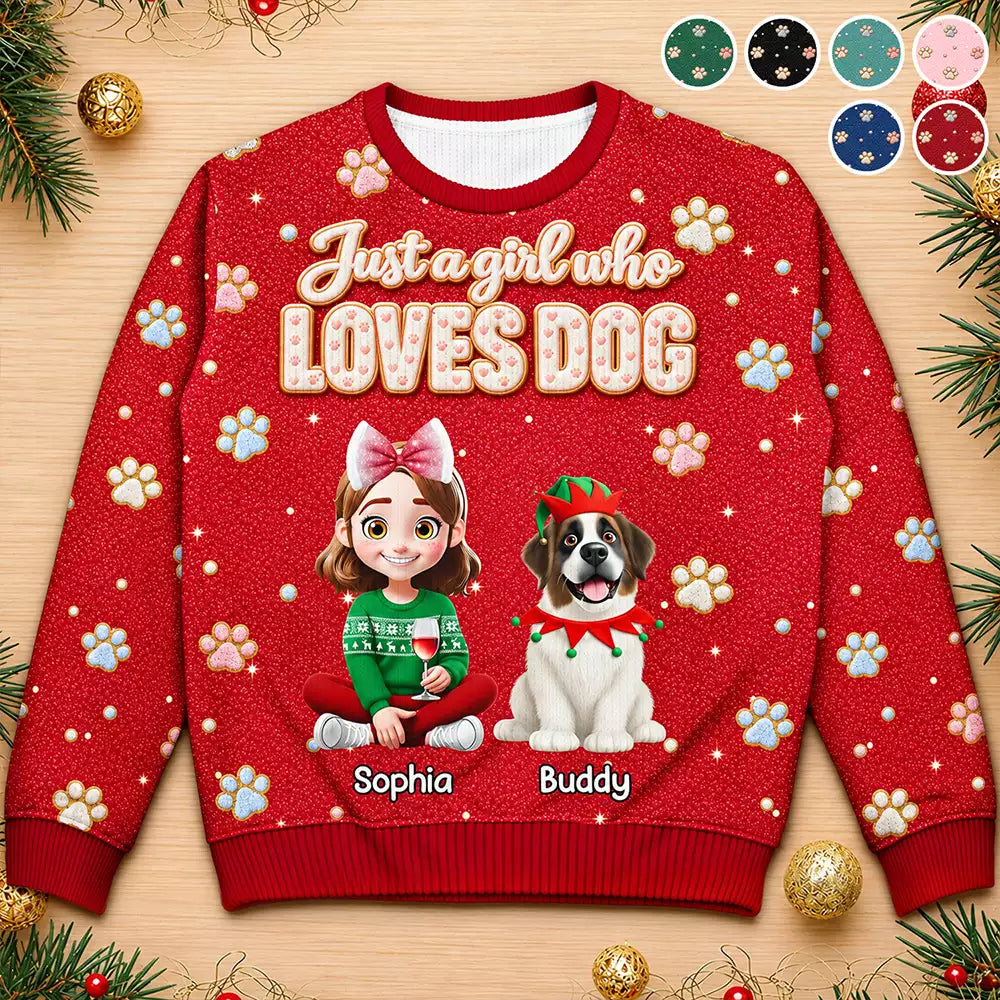 Christmas,Dog Lovers,Happy,Pet Lovers,Vector - Christmas Gift For Dog Lovers - Personalized Faux Fluffy A Girl Who Loves Dog Unisex Ugly Sweater