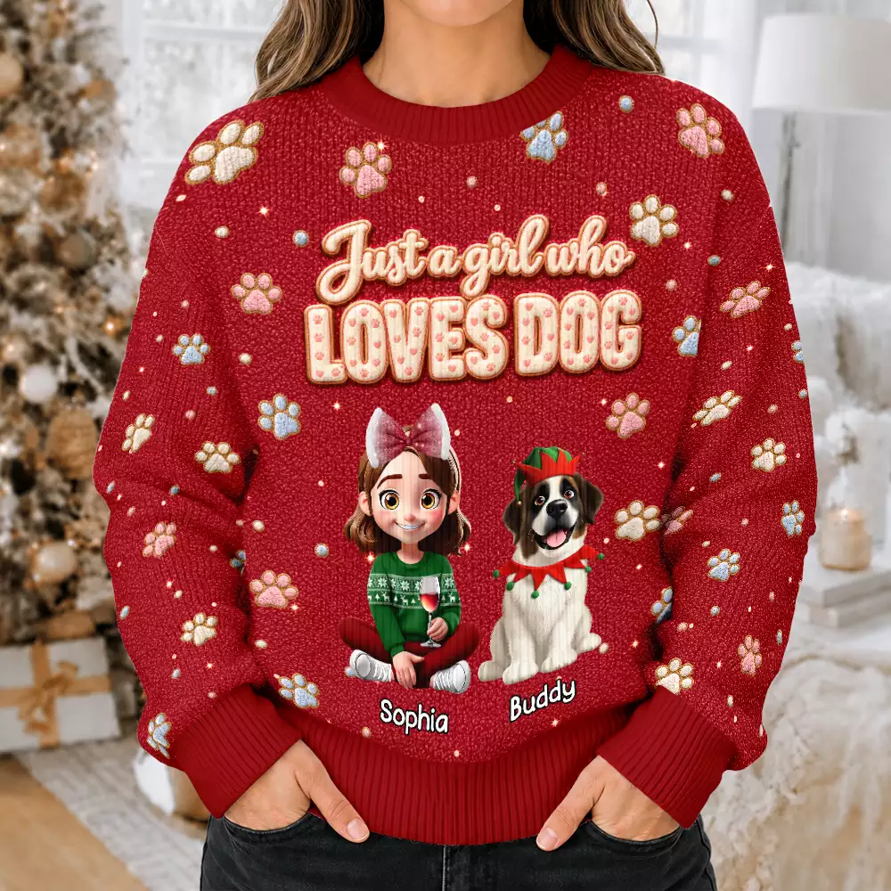 Christmas,Dog Lovers,Happy,Pet Lovers,Vector - Christmas Gift For Dog Lovers - Personalized Faux Fluffy A Girl Who Loves Dog Unisex Ugly Sweater