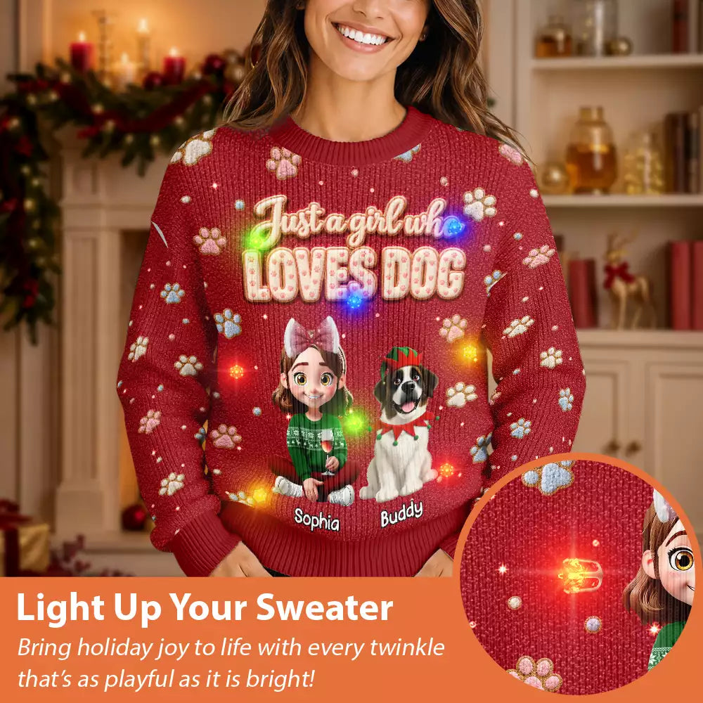 Christmas,Dog Lovers,Happy,Pet Lovers,Vector - Christmas Gift For Dog Lovers - Personalized Faux Fluffy A Girl Who Loves Dog Unisex Ugly Sweater