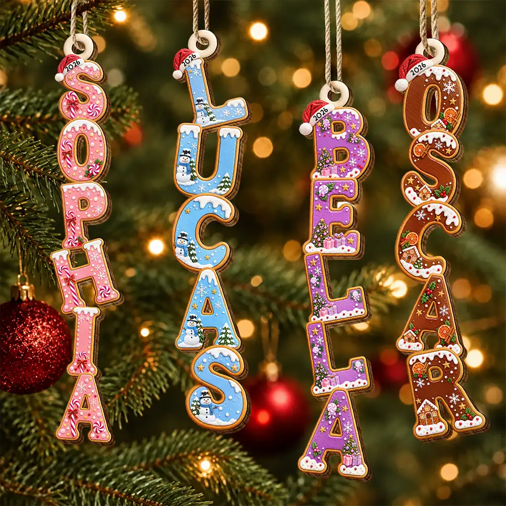 Christmas,Gift For Kids,Icon,Playful - Gift For Family Kids - Personalized Letter With Name Christmas Pattern Wooden Ornament