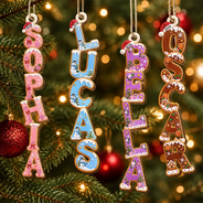 Christmas,Gift For Kids,Icon,Playful - Gift For Family Kids - Personalized Letter With Name Christmas Pattern Wooden Ornament