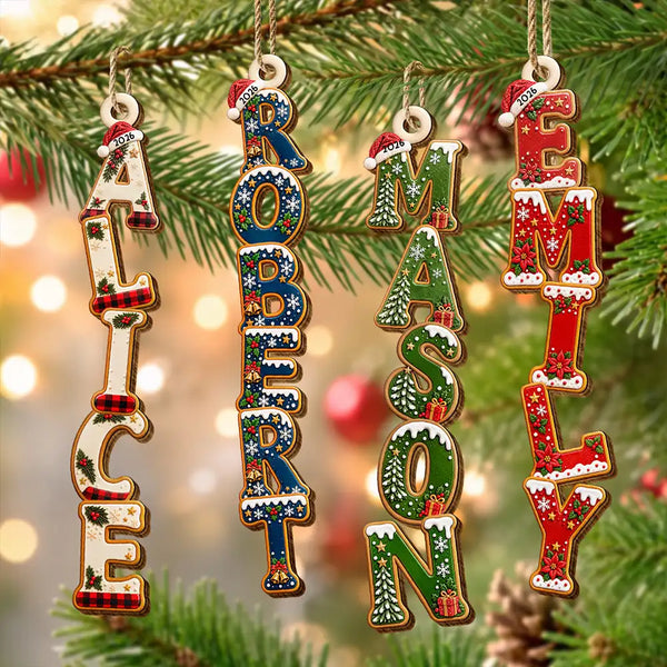 Christmas,Gift For Kids,Icon,Playful - Gift For Family Kids - Personalized Letter With Name Christmas Pattern Wooden Ornament