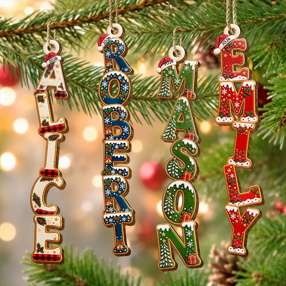 Christmas,Gift For Kids,Icon,Playful - Gift For Family Kids - Personalized Letter With Name Christmas Pattern Wooden Ornament
