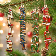 Christmas,Gift For Kids,Icon,Playful - Gift For Family Kids - Personalized Letter With Name Christmas Pattern Wooden Ornament