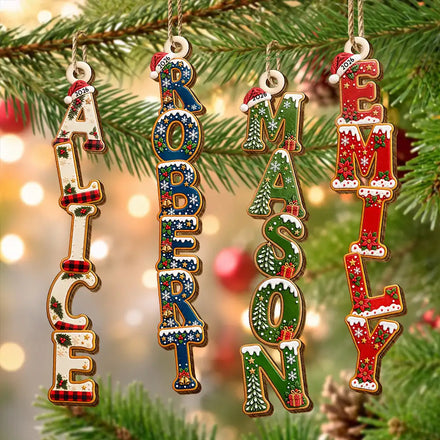 Gift For Family Kids - Personalized Letter With Name Christmas Pattern Wooden Ornament