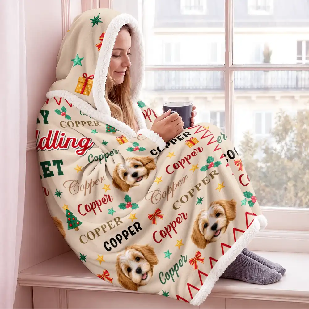 Christmas,Custom Photo,Cut-Face Photo,Pet Lovers,Playful - Christmas Cozy Gift For Dog Cat Pet Lovers - Personalized Custom Photo Pet With Name Wearable Hooded Blanket