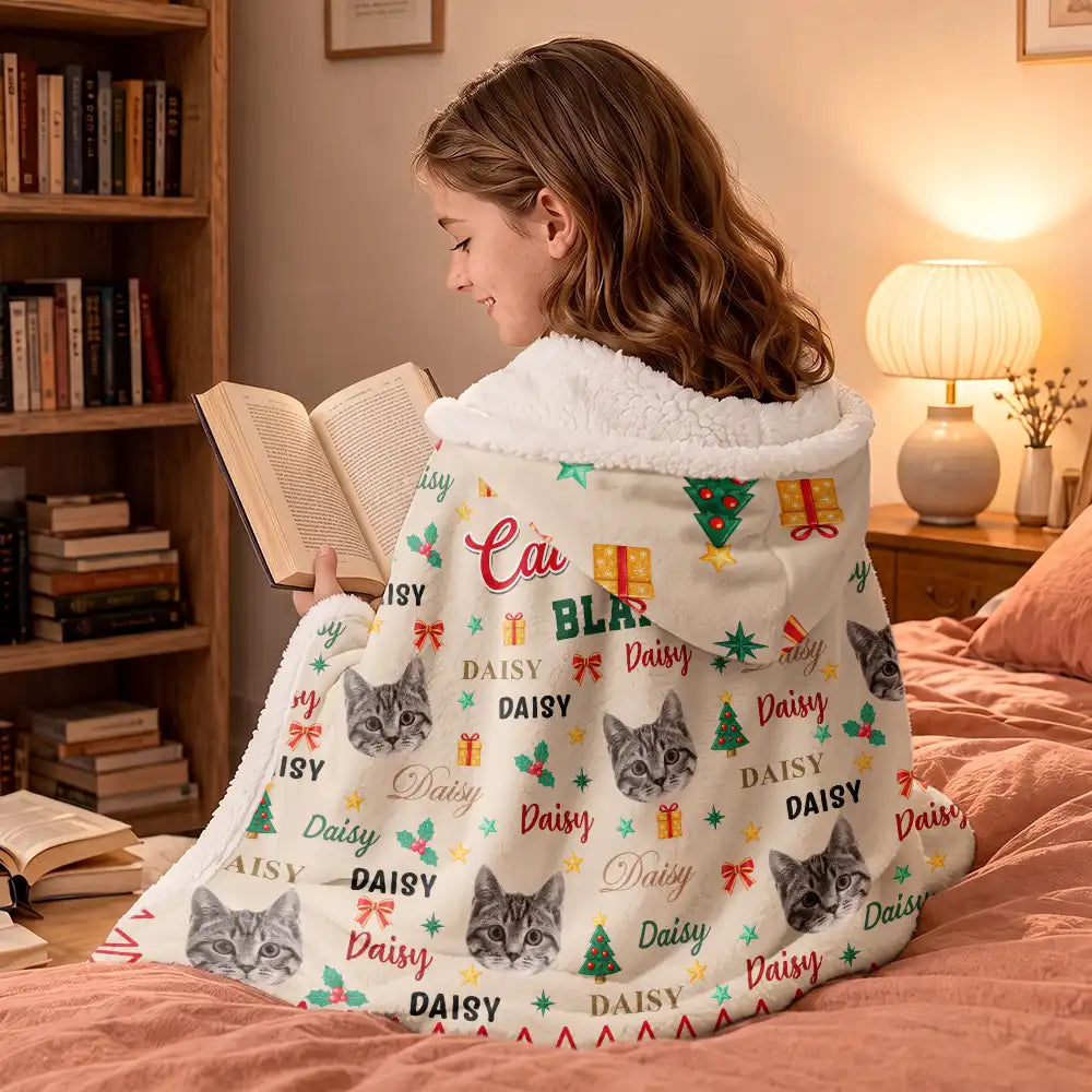 Christmas,Custom Photo,Cut-Face Photo,Pet Lovers,Playful - Christmas Cozy Gift For Dog Cat Pet Lovers - Personalized Custom Photo Pet With Name Wearable Hooded Blanket