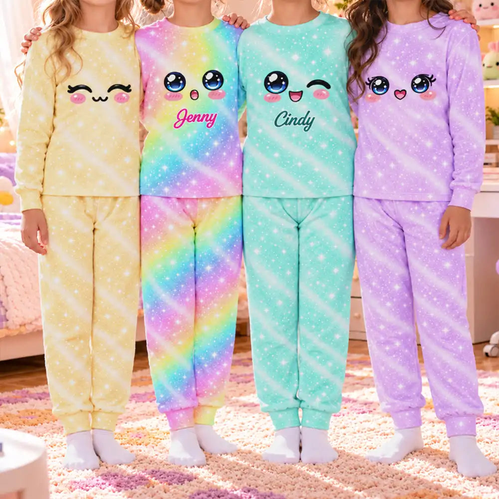 Gift For Daughter Granddaughter Sisters - Personalized Name Cute Dumpling Kawaii Face Sparkle Pastel Kid Pajamas Set