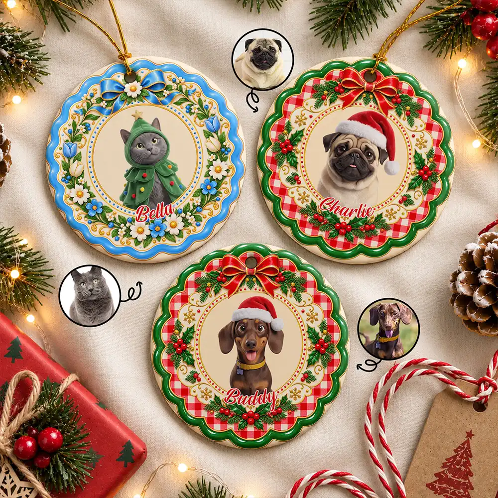 Art Design, Christmas, Custom Photo, Happy, Pet Lovers, Photo - Christmas Accessories 3D Cartoon Pet - Christmas Gift For Pet Lovers - Personalized Custom Photo Pet Portrait Circle Ceramic Ornament