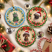 Art Design, Christmas, Custom Photo, Happy, Pet Lovers, Photo - Christmas Accessories 3D Cartoon Pet - Christmas Gift For Pet Lovers - Personalized Custom Photo Pet Portrait Circle Ceramic Ornament