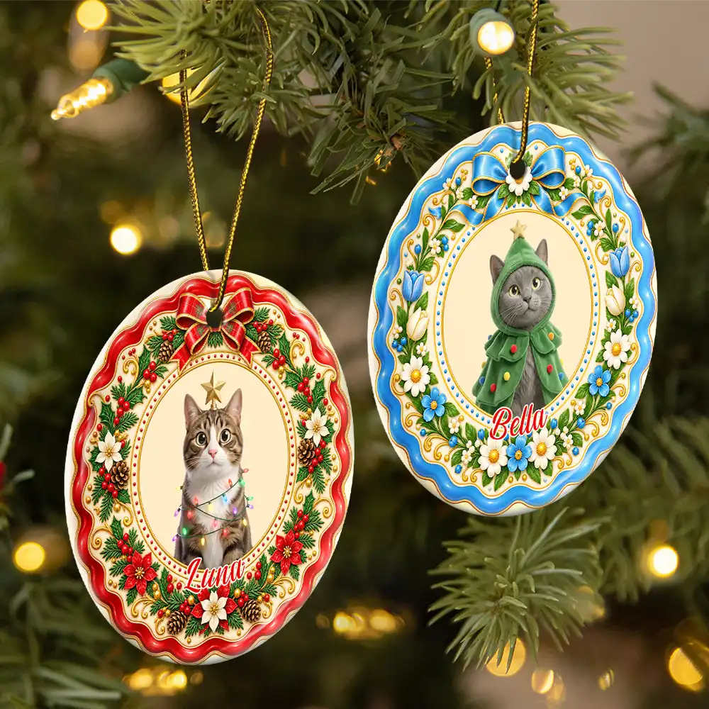 Art Design, Christmas, Custom Photo, Happy, Pet Lovers, Photo - Christmas Accessories 3D Cartoon Pet - Christmas Gift For Pet Lovers - Personalized Custom Photo Pet Portrait Circle Ceramic Ornament
