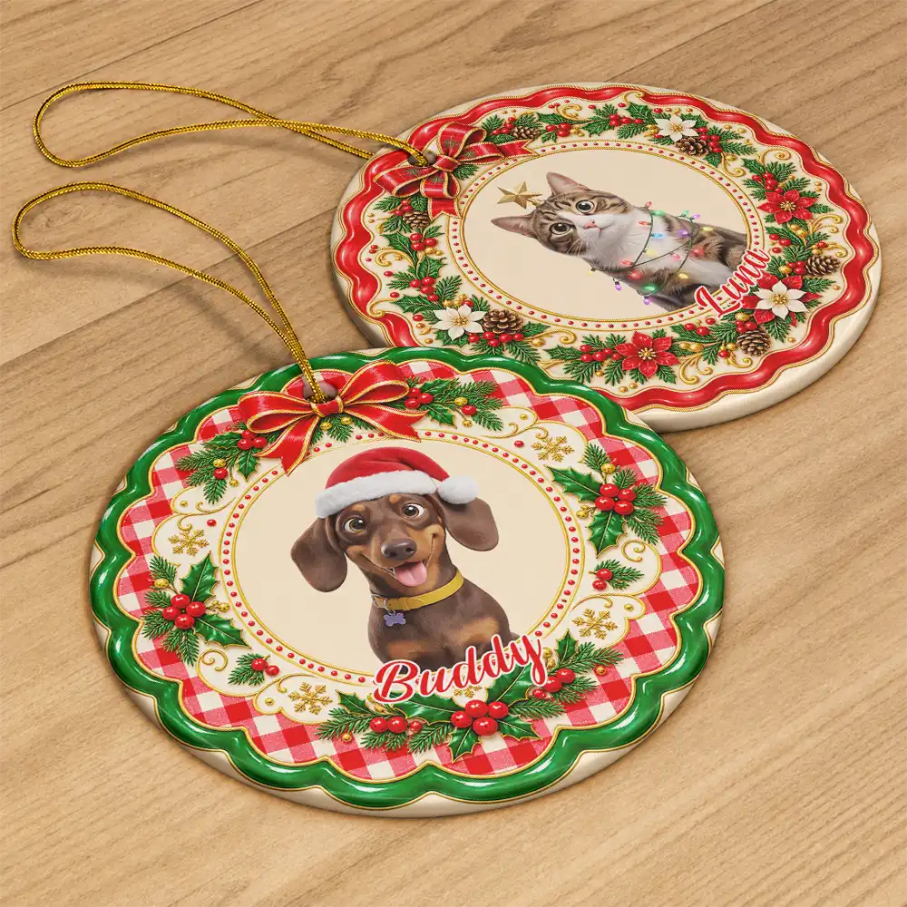 Art Design, Christmas, Custom Photo, Happy, Pet Lovers, Photo - Christmas Accessories 3D Cartoon Pet - Christmas Gift For Pet Lovers - Personalized Custom Photo Pet Portrait Circle Ceramic Ornament