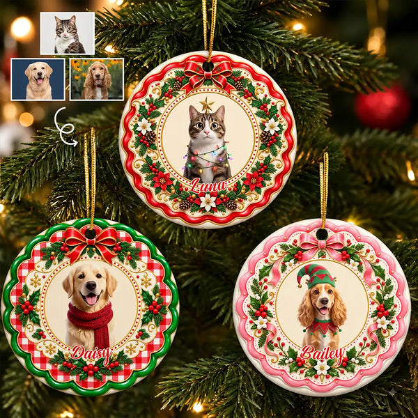 Art Design, Christmas, Custom Photo, Happy, Pet Lovers, Photo - Christmas Accessories 3D Cartoon Pet - Christmas Gift For Pet Lovers - Personalized Custom Photo Pet Portrait Circle Ceramic Ornament