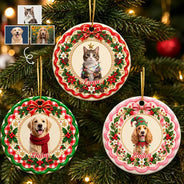 Art Design, Christmas, Custom Photo, Happy, Pet Lovers, Photo - Christmas Accessories 3D Cartoon Pet - Christmas Gift For Pet Lovers - Personalized Custom Photo Pet Portrait Circle Ceramic Ornament