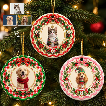 Christmas Gift For Pet Lovers - Personalized Custom Photo Pet Portrait Circle Ceramic Ornament