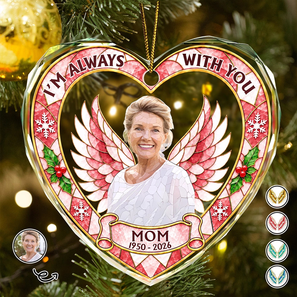 Art Design,Christmas,Custom Photo,Gift For Yourself,Gifts For Her,Gifts For Him,Memorial,Memorial Loved One,Photo - Stained Glass,Sympathetic - Memorial Christmas Gift For Loss Of Dad, Mom - Personalized Custom Photo Your Wings Were Ready Heart Shaped Glass Ornament