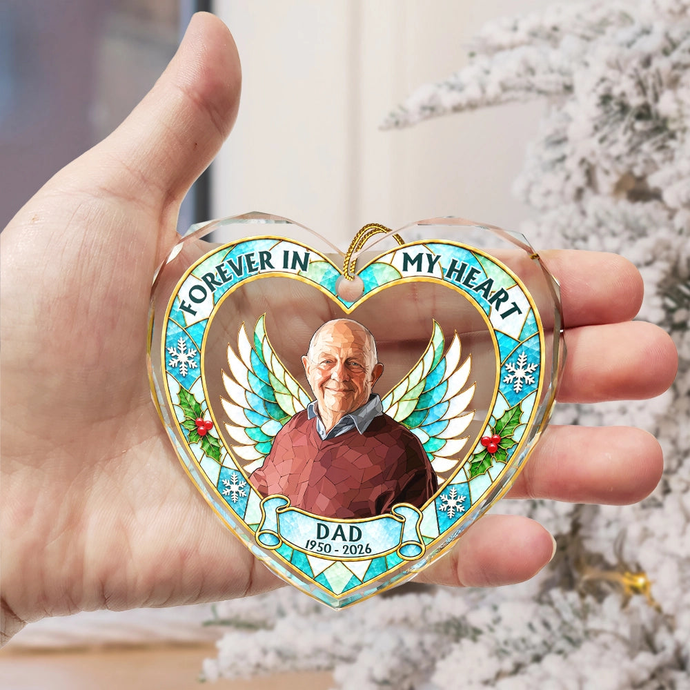 Art Design,Christmas,Custom Photo,Gift For Yourself,Gifts For Her,Gifts For Him,Memorial,Memorial Loved One,Photo - Stained Glass,Sympathetic - Memorial Christmas Gift For Loss Of Dad, Mom - Personalized Custom Photo Your Wings Were Ready Heart Shaped Glass Ornament