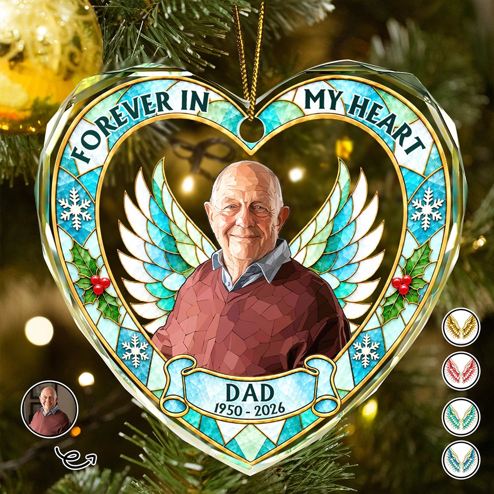Memorial Christmas Gift For Loss Of Dad, Mom - Personalized Custom Photo Your Wings Were Ready Heart Shaped Glass Ornament