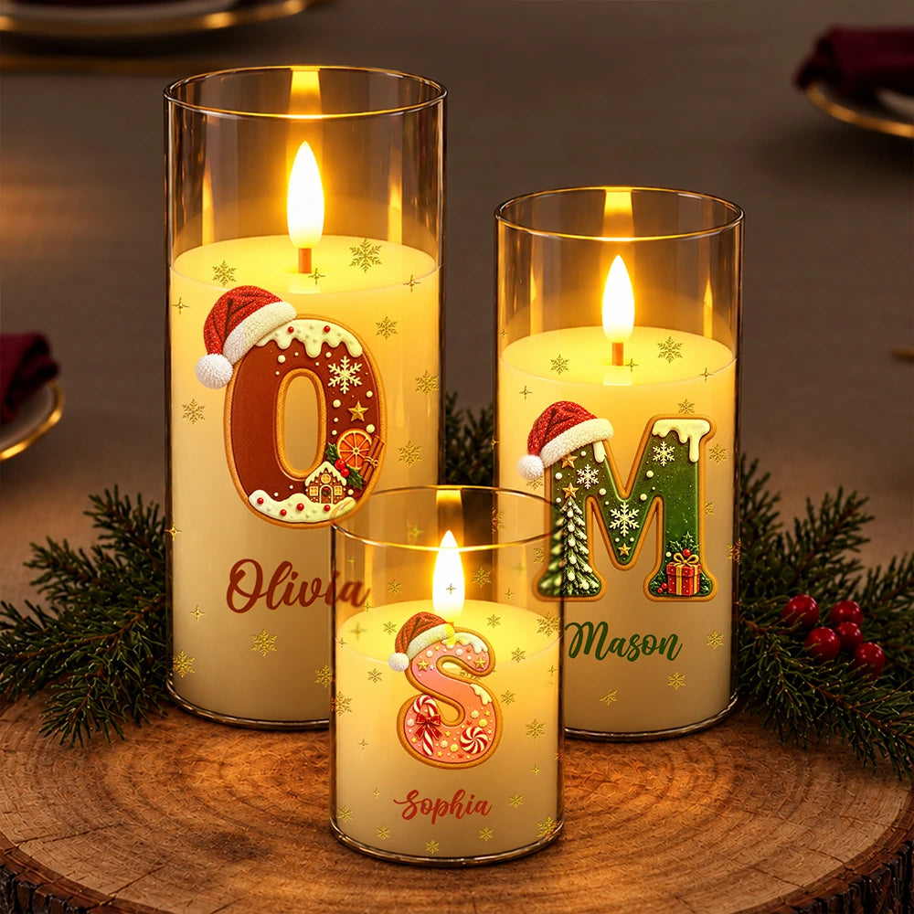 Christmas,Cozy,Family,Icon - Christmas Home Decor Gift For Family - Personalized Name Christmas Santa Hat Initial Letter LED Candle
