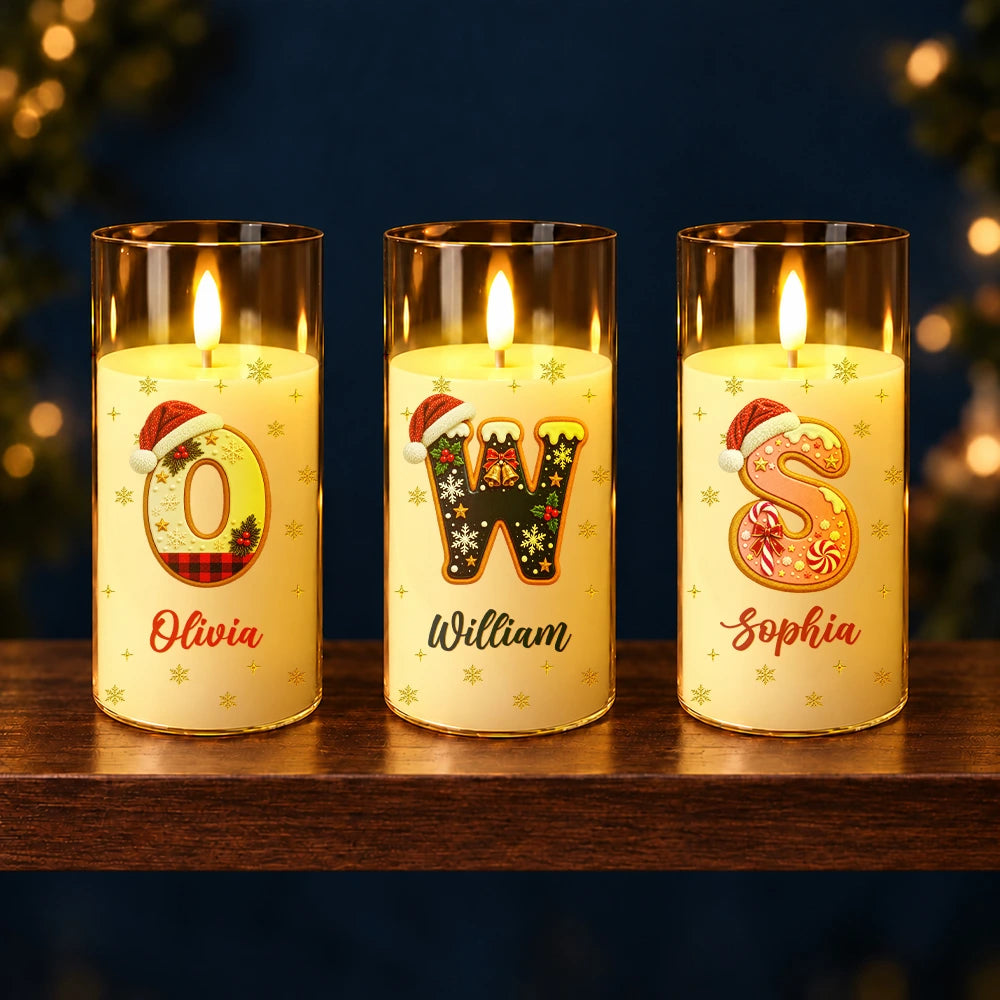 Christmas,Cozy,Family,Icon - Christmas Home Decor Gift For Family - Personalized Name Christmas Santa Hat Initial Letter LED Candle