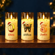 Christmas,Cozy,Family,Icon - Christmas Home Decor Gift For Family - Personalized Name Christmas Santa Hat Initial Letter LED Candle