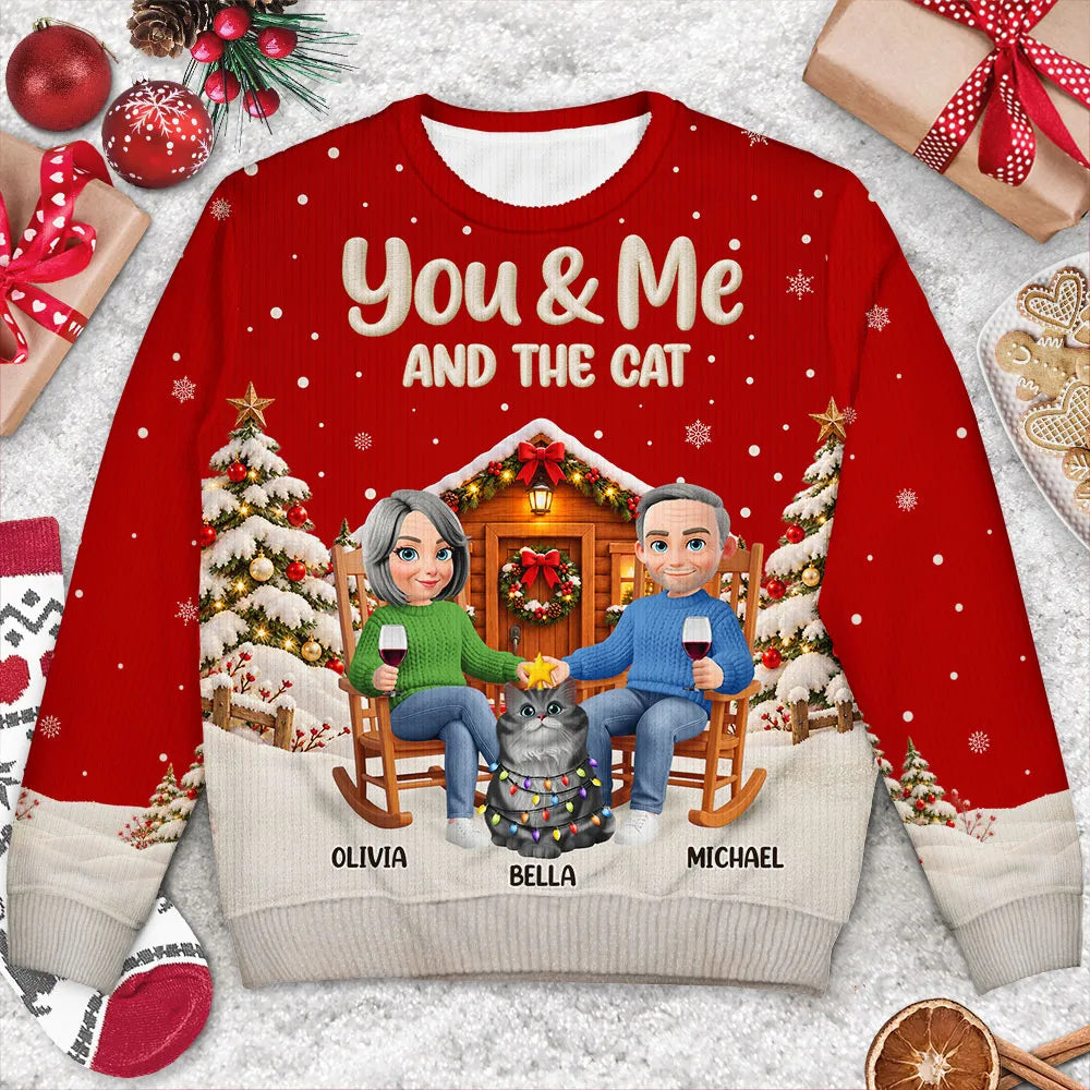 Cat Couple,Cat Lovers,Christmas,Gift For Couples,Happy,Pet Lovers,Vector - Christmas Gift For Pet Couples - Personalized You & Me And The Cats Unisex Ugly Sweater
