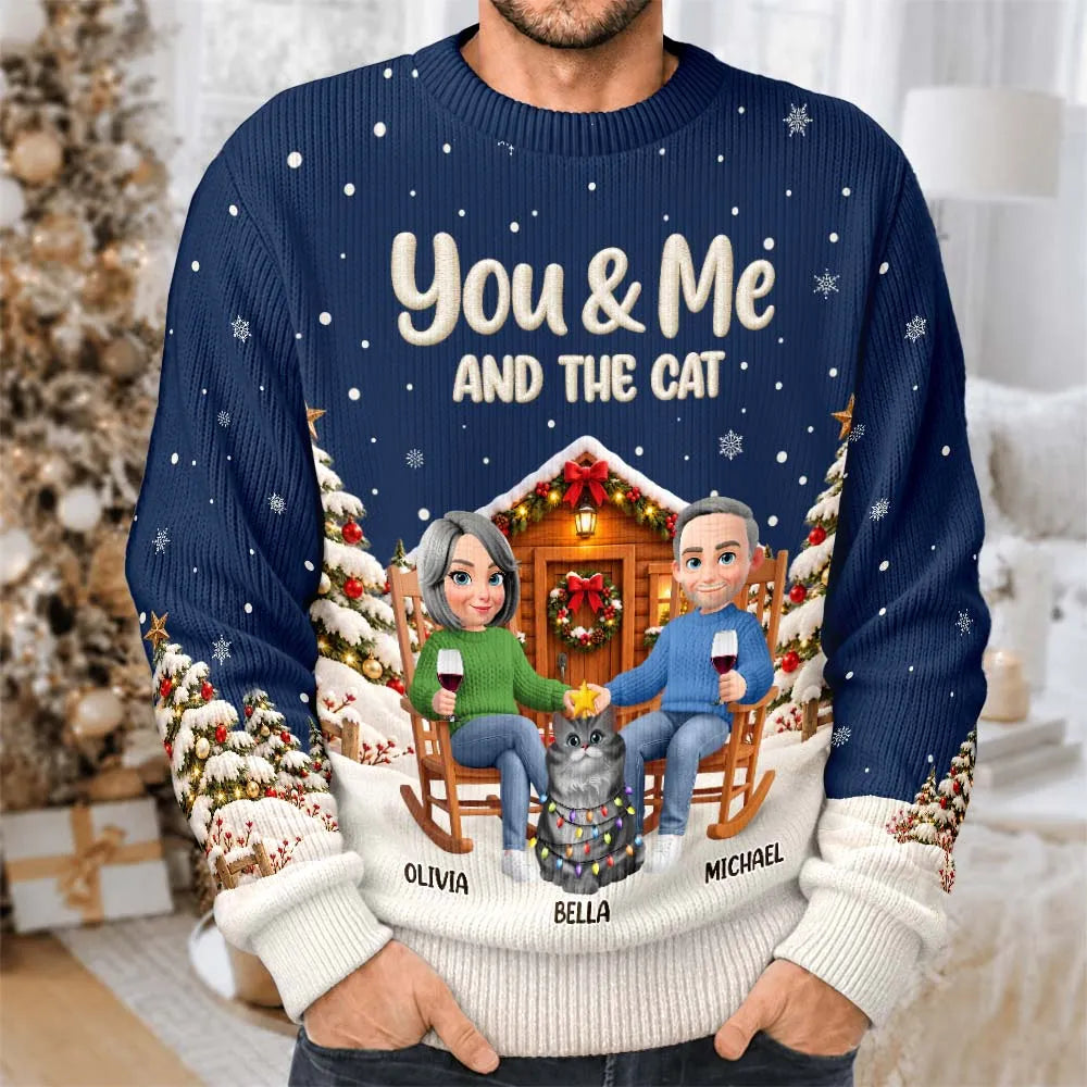 Cat Couple,Cat Lovers,Christmas,Gift For Couples,Happy,Pet Lovers,Vector - Christmas Gift For Pet Couples - Personalized You & Me And The Cats Unisex Ugly Sweater