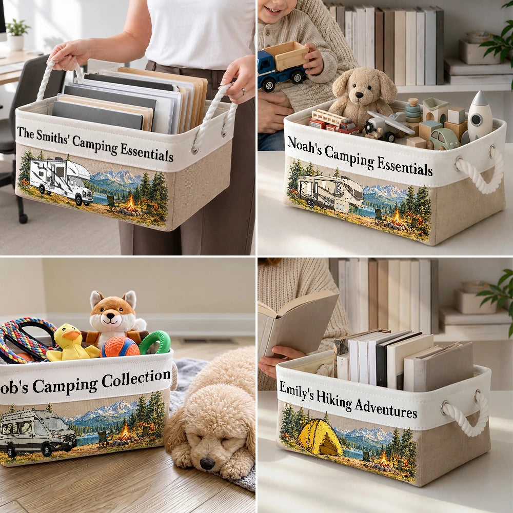 Camping,Family,Happy,Icon - Camping Gift For Family Friends - Personalized Name Storage Basket