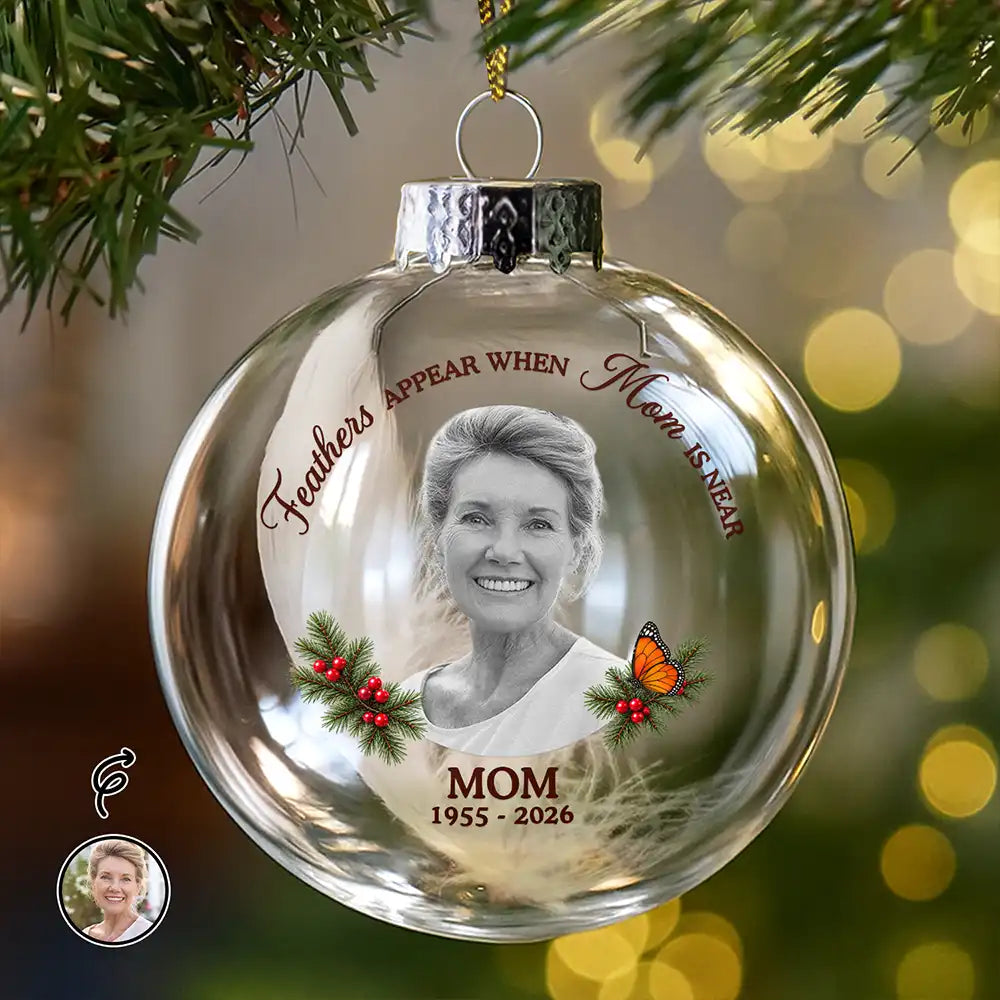 Christmas,Custom Photo,Family,Memorial,Memorial Loved One,Remove BG Photo,Sympathetic - Remembrance Christmas Gift For Family - Personalized Custom Photo Feathers Appear When Dad Is Near Glass Bauble Ornament