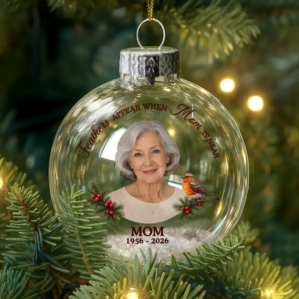 Christmas,Custom Photo,Family,Memorial,Memorial Loved One,Remove BG Photo,Sympathetic - Remembrance Christmas Gift For Family - Personalized Custom Photo Feathers Appear When Dad Is Near Glass Bauble Ornament