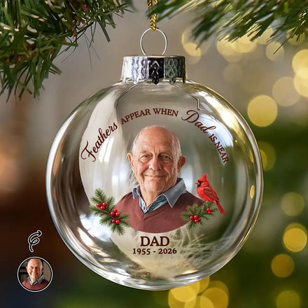Remembrance Christmas Gift For Family - Personalized Custom Photo Feathers Appear When Dad Is Near Glass Bauble Ornament