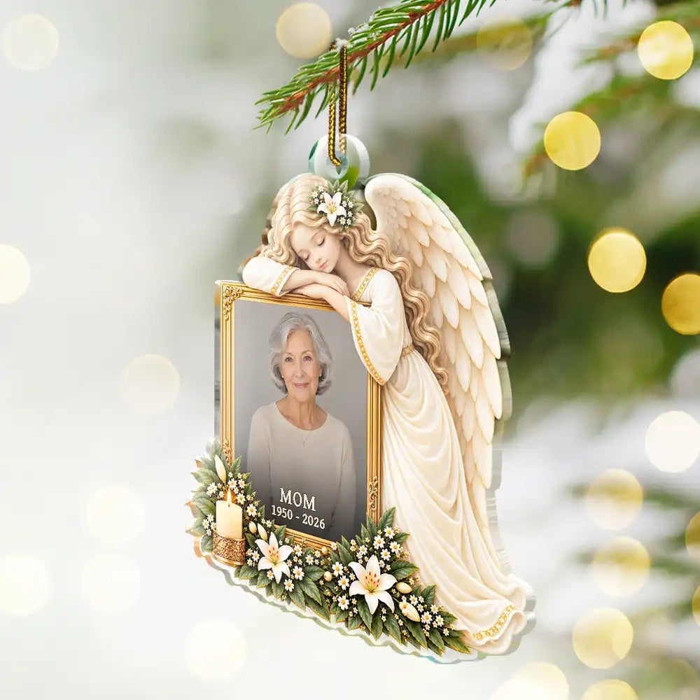 Christmas,Custom Photo,Family,Memorial,Memorial Loved One,Sympathetic,Upload Full Photo - Remembrance Christmas Gift For Family - Personalized Custom Photo Peaceful Rest In Angel Wings Acrylic Ornament