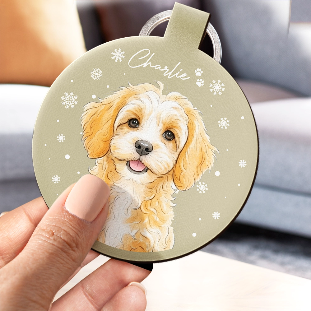 Art Design,Christmas,Custom Photo,Pet Lovers,Photo - Vivid Watercolor Art,Playful - Christmas Gift For Pet Lover - Personalized Custom Photo Watercolor Pet Portrait With Name Leather Keychain