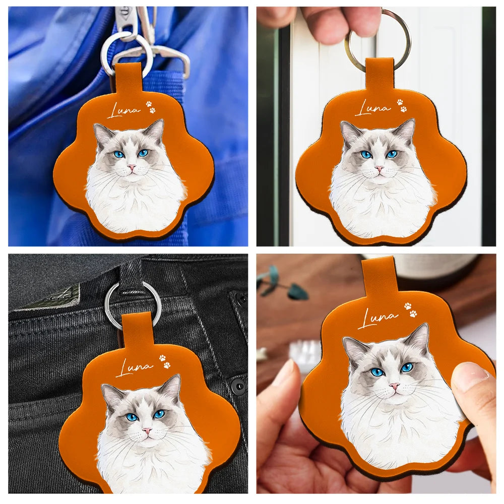 Art Design,Christmas,Custom Photo,Pet Lovers,Photo - Vivid Watercolor Art,Playful - Christmas Gift For Pet Lover - Personalized Custom Photo Watercolor Pet Portrait With Name Leather Keychain
