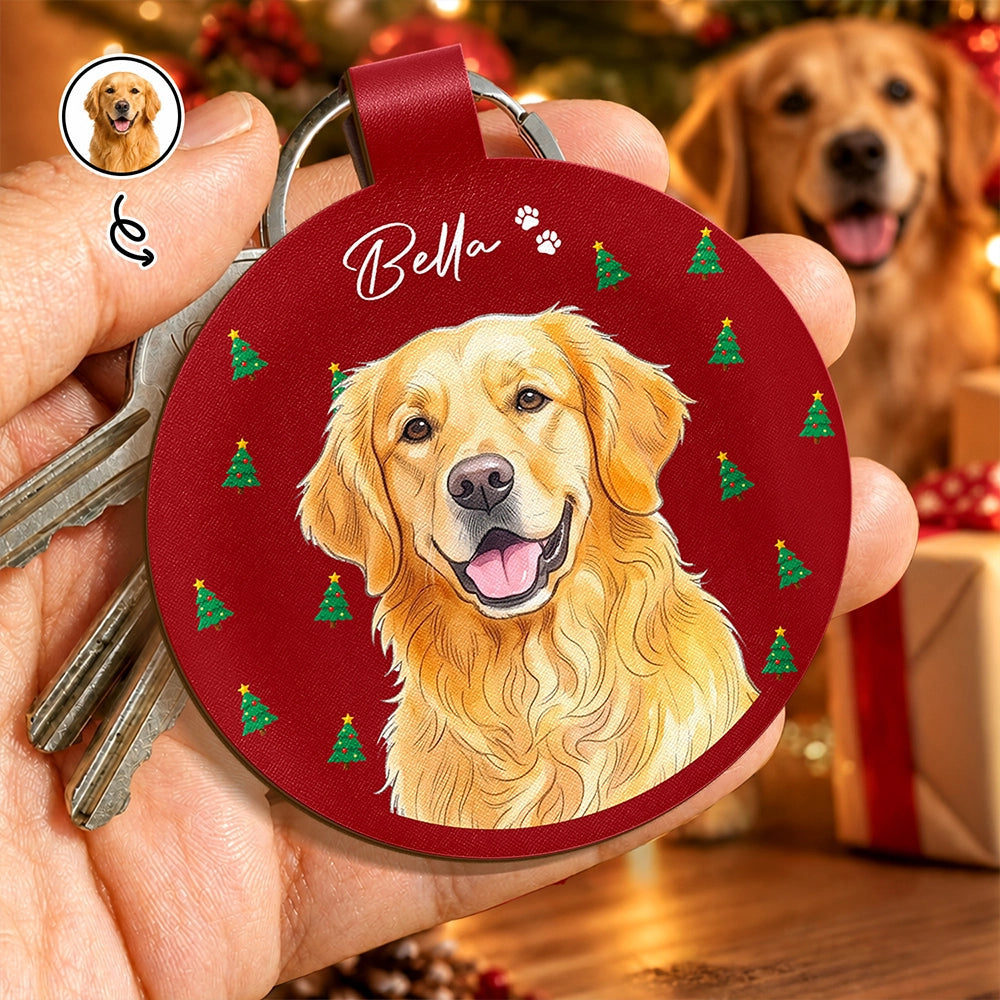 Art Design,Christmas,Custom Photo,Pet Lovers,Photo - Vivid Watercolor Art,Playful - Christmas Gift For Pet Lover - Personalized Custom Photo Watercolor Pet Portrait With Name Leather Keychain