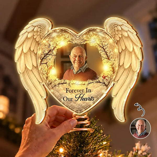 Christmas,Custom Photo,Family,Memorial,Memorial Loved One,Sympathetic,Upload Full Photo - Memorial Sympathy Gifts For Loss Of Loved One - Personalized Custom Photo Forever In Our Hearts LED Tree Topper