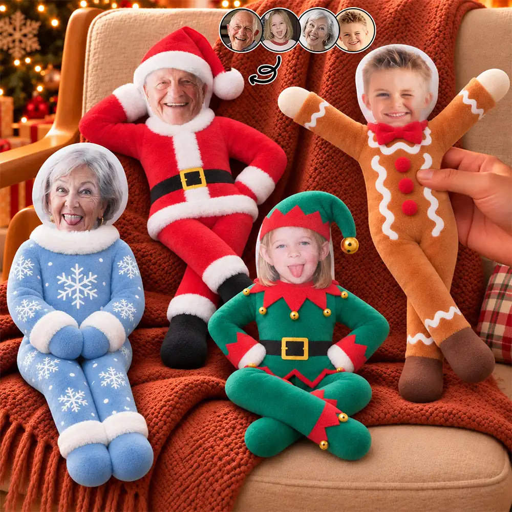 Art Design, Christmas, Custom Photo, Family, Humorous, Photo - Christmas Adult Poseable Body Doll - Funny Gift For Kids, Grandkids - Personalized Custom Photo Christmas Family Costume Santa Gingerbread Elf Poseable Plush Doll