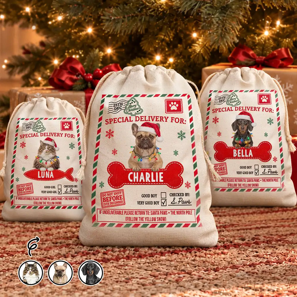 Art Design,Christmas,Custom Photo,Pet Lovers,Photo - Santa Hat Lying Pet,Playful- Gift For Pet Lovers - Personalized Custom Photo Paws Delivery Santa Sack Favor Bag