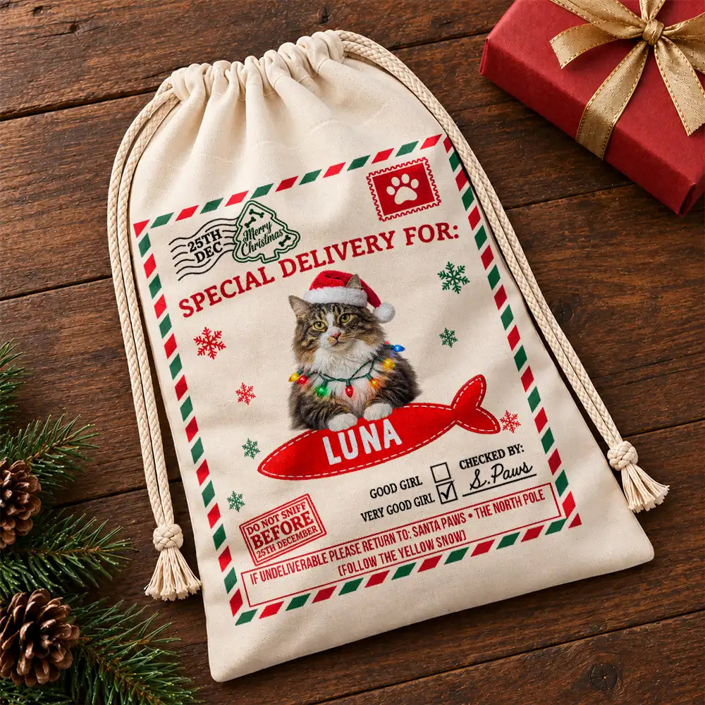 Art Design,Christmas,Custom Photo,Pet Lovers,Photo - Santa Hat Lying Pet,Playful- Gift For Pet Lovers - Personalized Custom Photo Paws Delivery Santa Sack Favor Bag