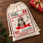 Art Design,Christmas,Custom Photo,Pet Lovers,Photo - Santa Hat Lying Pet,Playful- Gift For Pet Lovers - Personalized Custom Photo Paws Delivery Santa Sack Favor Bag