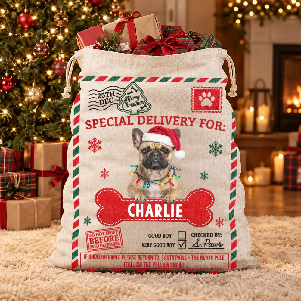 Art Design,Christmas,Custom Photo,Pet Lovers,Photo - Santa Hat Lying Pet,Playful- Gift For Pet Lovers - Personalized Custom Photo Paws Delivery Santa Sack Favor Bag