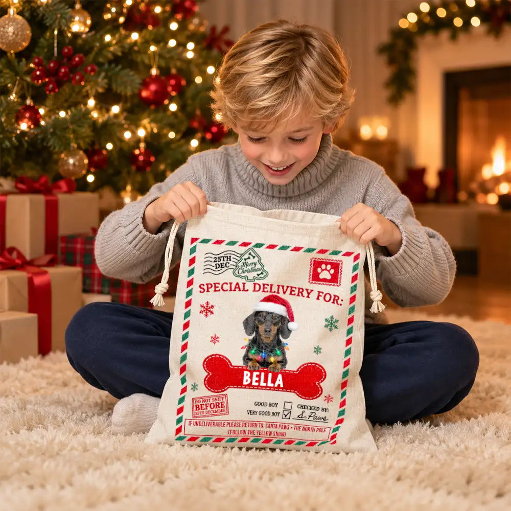 Art Design,Christmas,Custom Photo,Pet Lovers,Photo - Santa Hat Lying Pet,Playful- Gift For Pet Lovers - Personalized Custom Photo Paws Delivery Santa Sack Favor Bag